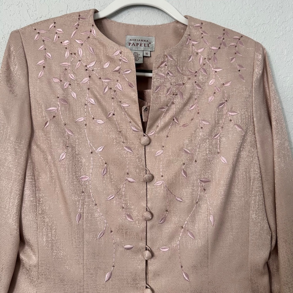 Adrianna Papell Pink Silk Embroidered Jacket Skirt Suit Set Womens Size 10 - Picture 2 of 7